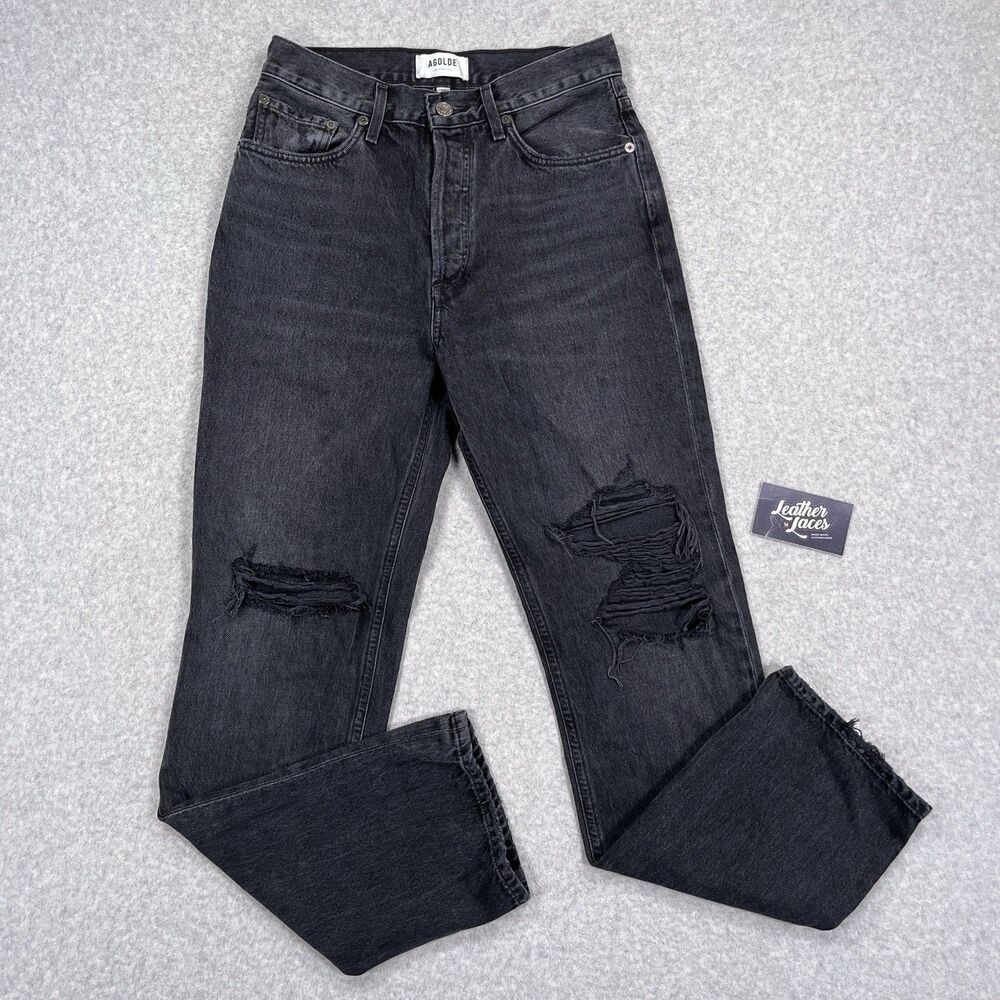 Agolde Lana Mid Rise Vintage Straight Jeans Womens 26 (27 x 30) Black Distressed